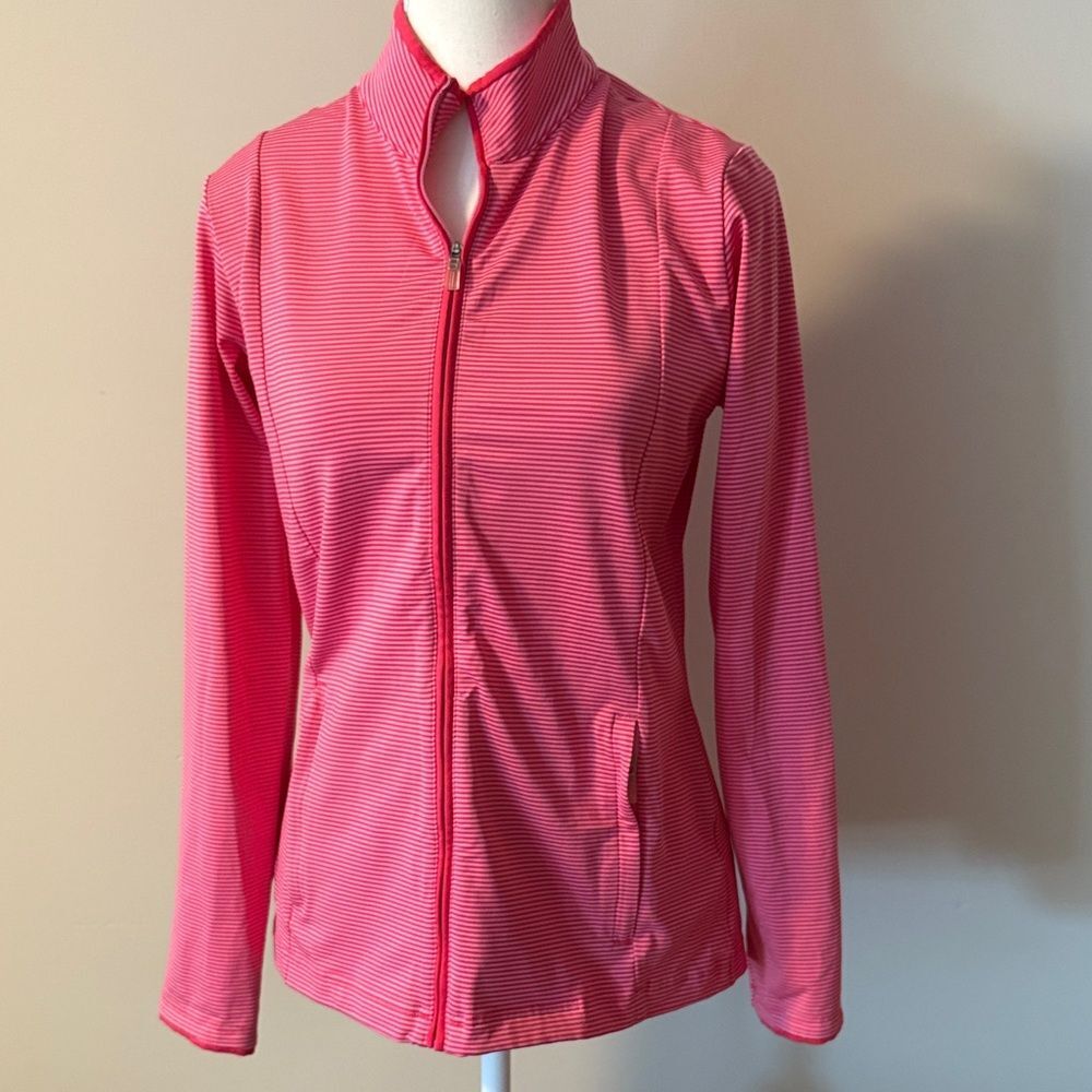 Adidas Golf Women's Pink Striped Zip up Jacket. Size Medium
